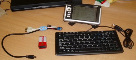 Nokia 770, tiny USB keyboard, USB power injector